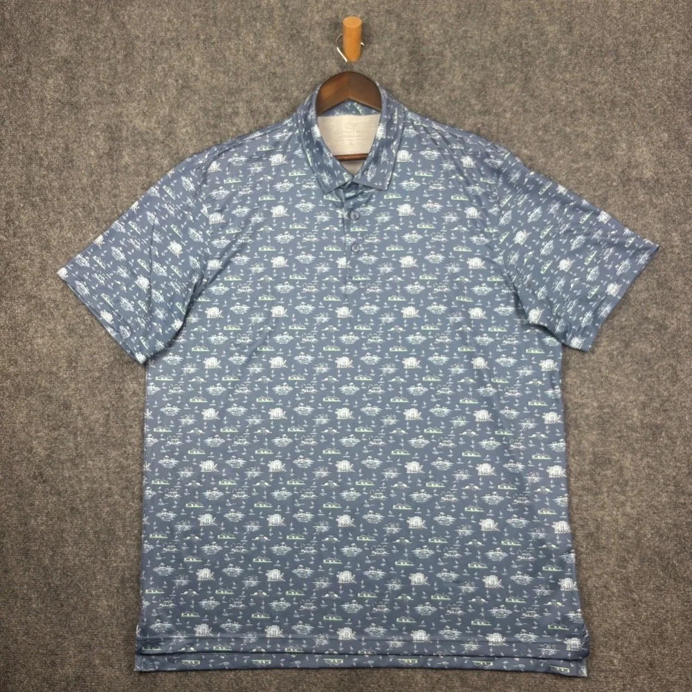 Vineyard Vines Polo Mens XL Blue Performance Tropical Island Print Golf Shirt